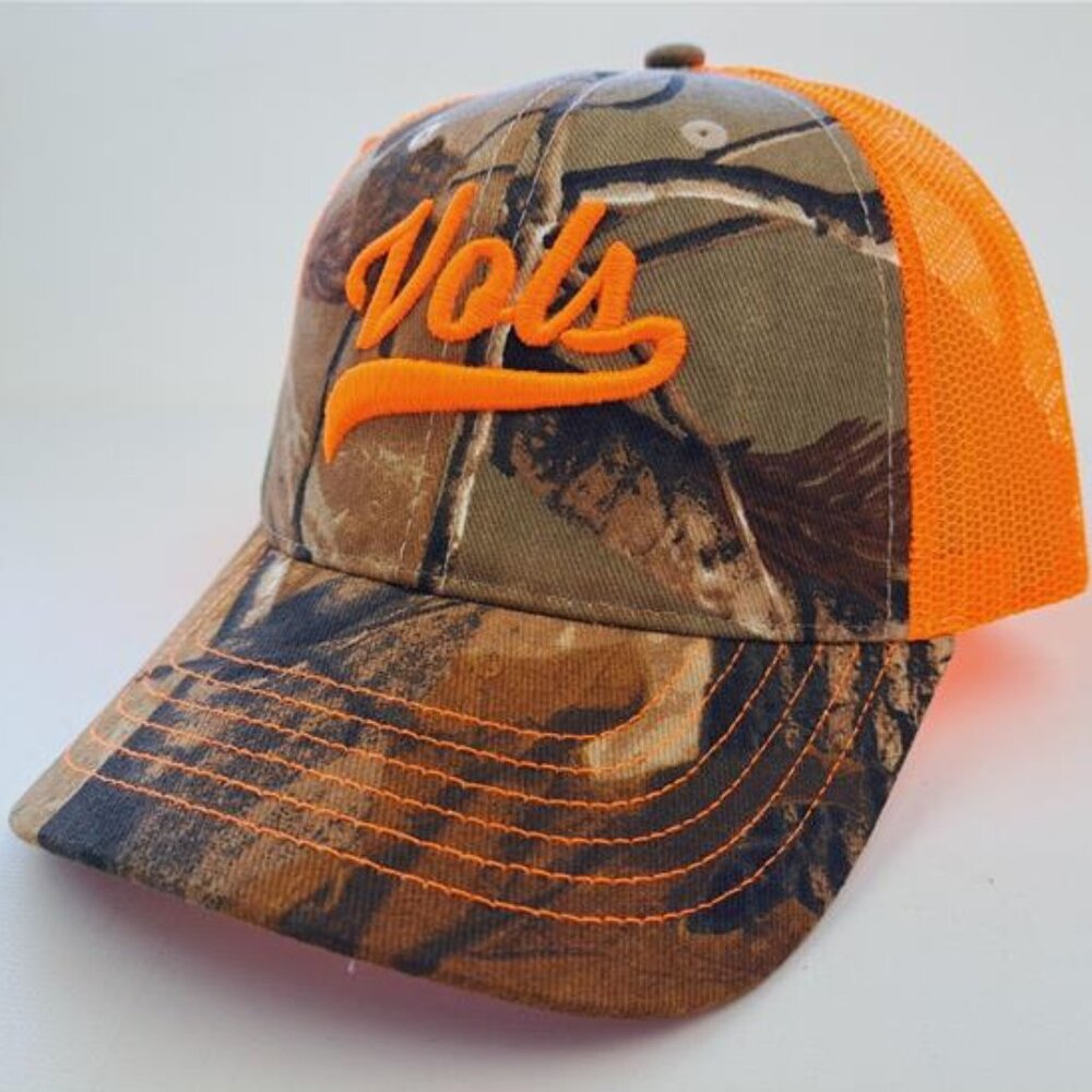 Tennessee Vols Football Neon Orange Camo Mesh Snapback Puff Embroidered Cap Hat